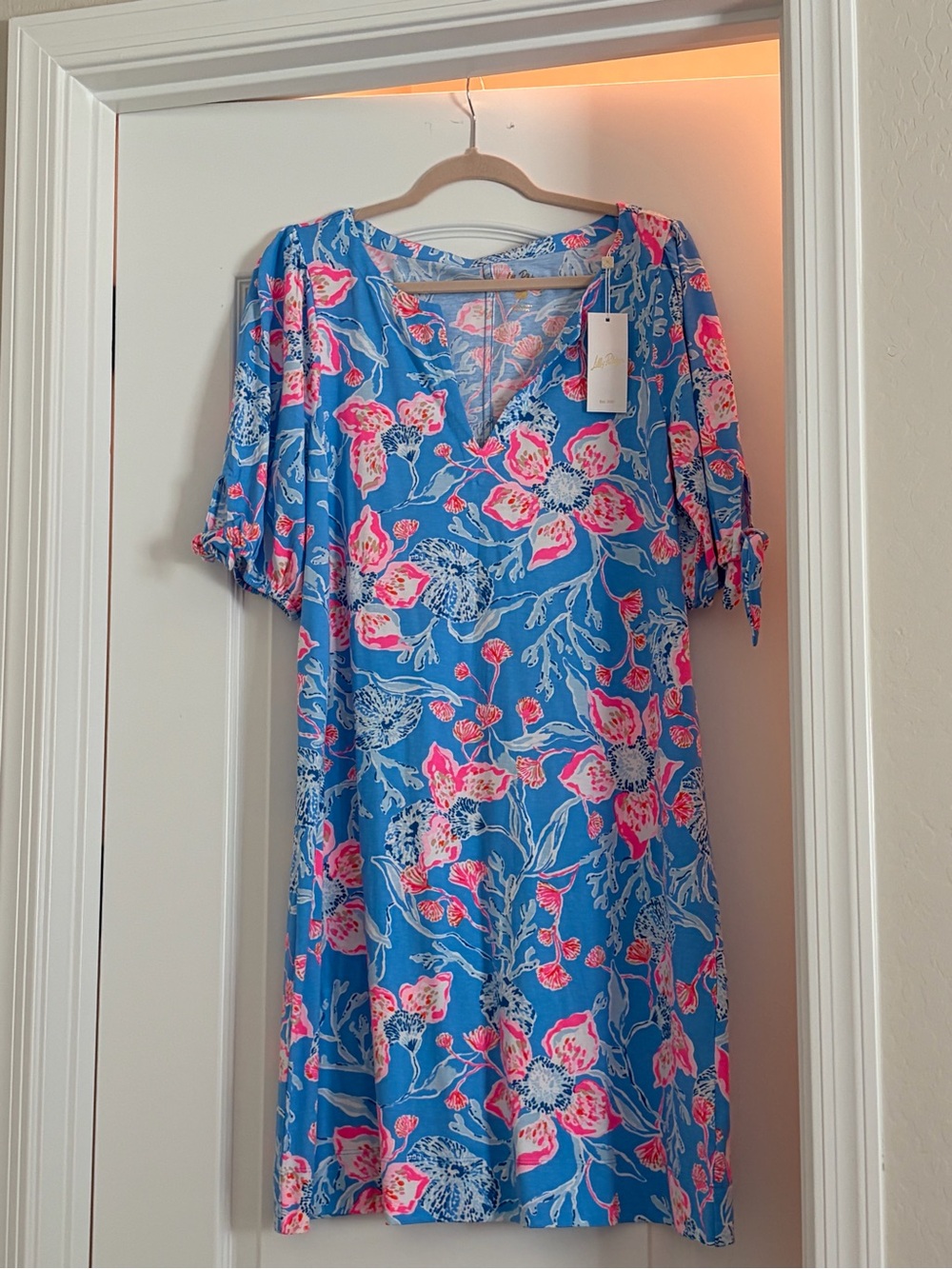 Lilly Pulitzer Blue Floral V-Neck Midi Dress with Pink Accents
